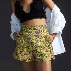 Anthropologie X La Fuori Silk High Rise Yellow Floral Embroidered, Size Large